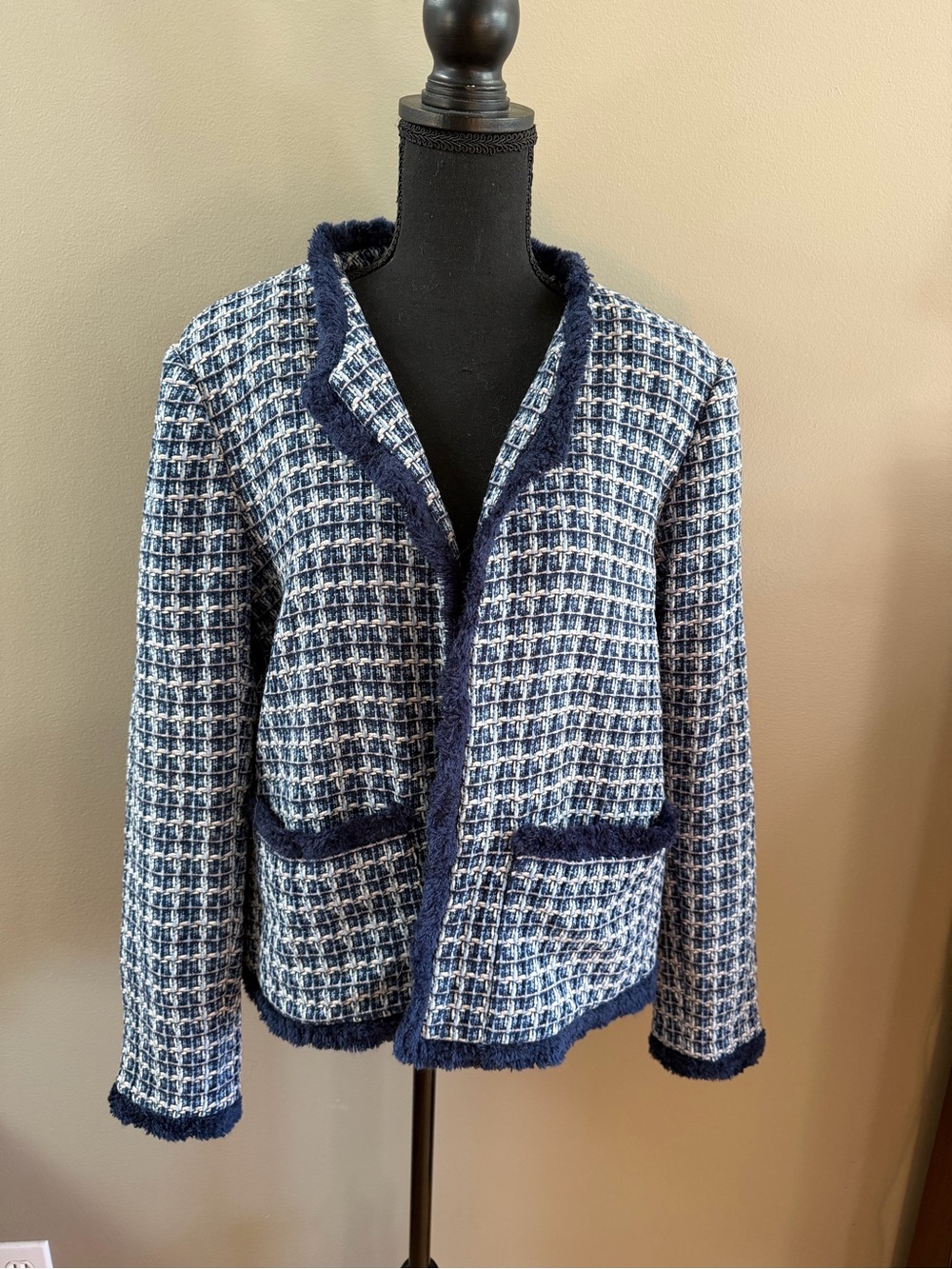 Susan Graver Navy and White Tweed Open-Front Blazer